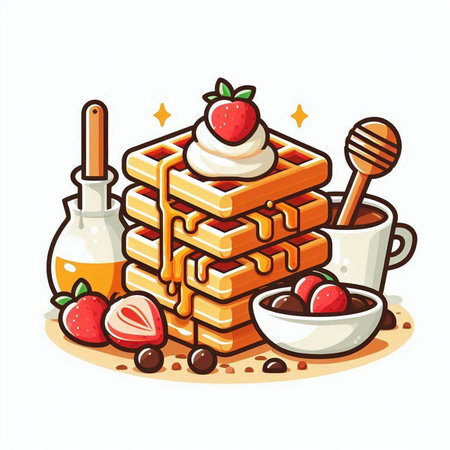 Belgian waffles with cream, strawberries and honey. Vector illustration.のイラスト素材