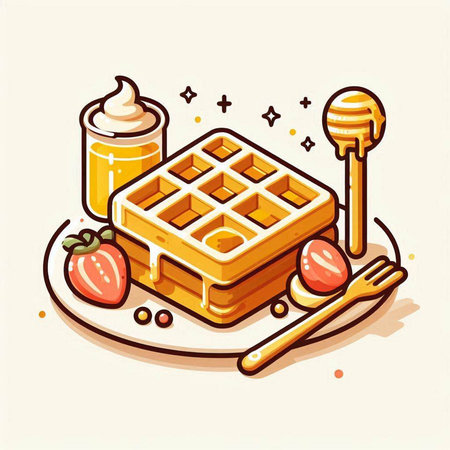 Belgian waffles with honey and ice cream, vector illustration.のイラスト素材