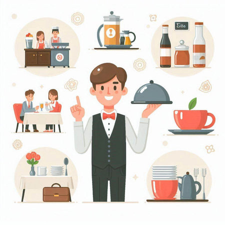 Restaurant staff. Vector illustration in flat cartoon style. The waiter serves the dishes.のイラスト素材