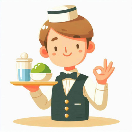Illustration of a waiter serving a tray with a green tea and a salt shakerのイラスト素材