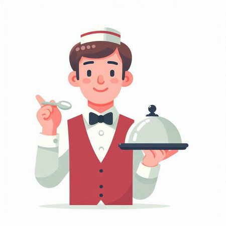 Waiter with a tray of food. Vector illustration in cartoon styleのイラスト素材
