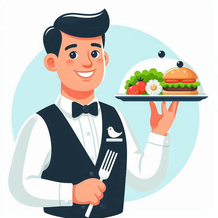 Waiter holding a tray with food. Vector illustration in cartoon styleのイラスト素材