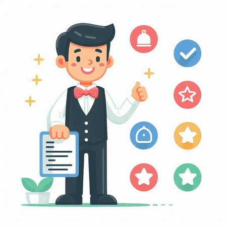 Waiter with a menu and rating. Vector illustration in cartoon styleのイラスト素材