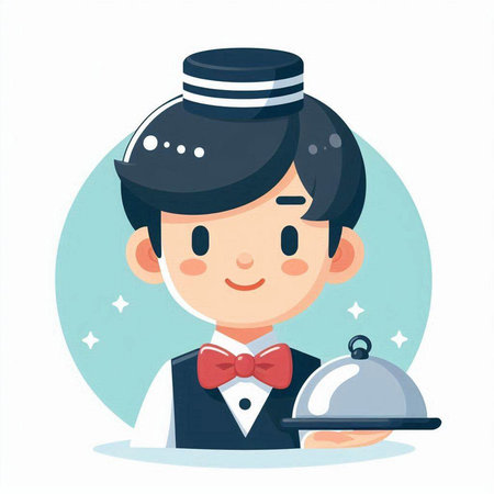 Waiter holding a tray with food. Vector illustration in cartoon style.のイラスト素材