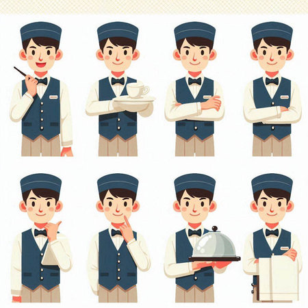 Set of vector illustrations of a cartoon character of a waiter in uniform.のイラスト素材