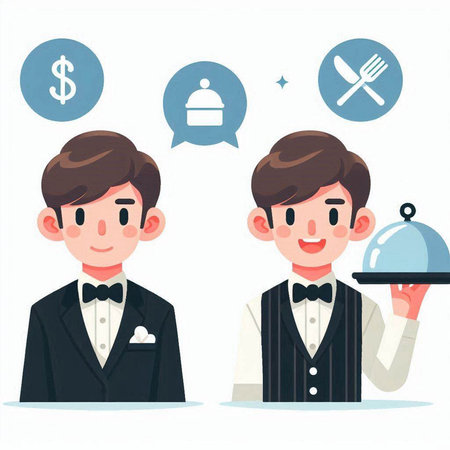 Waiter and customer service concept. Vector illustration in flat style.のイラスト素材