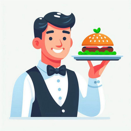 Handsome waiter holding a tray with hamburger. Vector illustration.のイラスト素材