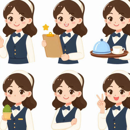 A set of waitress woman with a cute expression.It's vector art so it's easy to edit.のイラスト素材