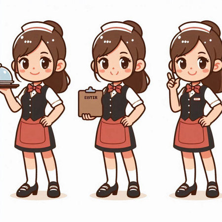 Illustration of a cute waitress holding a tray and a menu.のイラスト素材