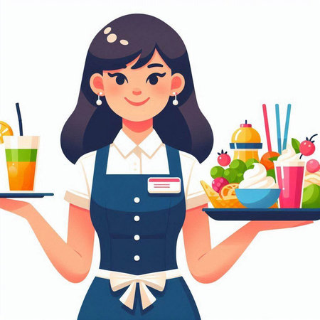 Waitress holding a tray with fruit and ice cream, vector illustrationのイラスト素材