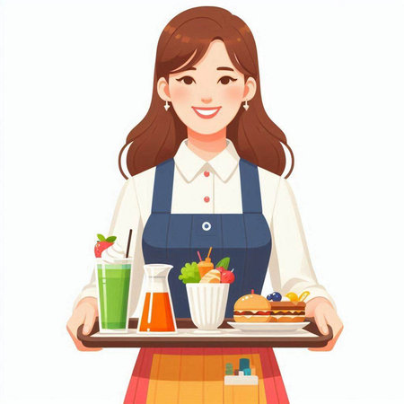 Woman holding a tray full of different food and drinks. Vector illustration.のイラスト素材