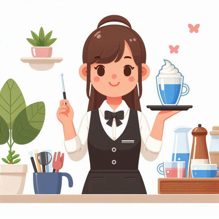 Illustration of a young waitress holding a spoon and a cup of coffeeのイラスト素材