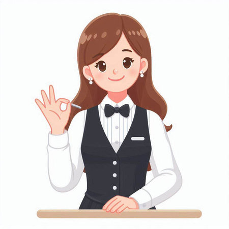 Waitress with ok sign. Vector illustration isolated on white background.のイラスト素材