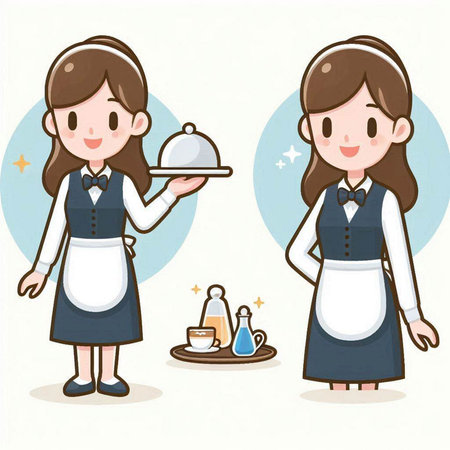 Waitress holding a tray and serving a meal, vector illustration.のイラスト素材