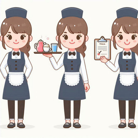 Waitress in uniform holding menu and coffee cup. Vector illustration.のイラスト素材