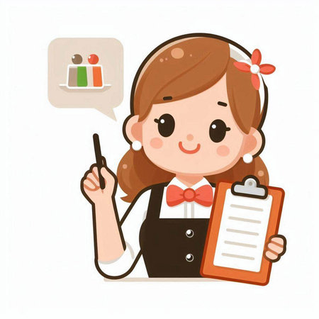 Cute female waiter holding a clipboard and a pen. Vector illustration.のイラスト素材