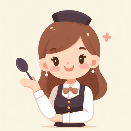 Cute little chef girl with spoon and fork. Vector illustration.のイラスト素材