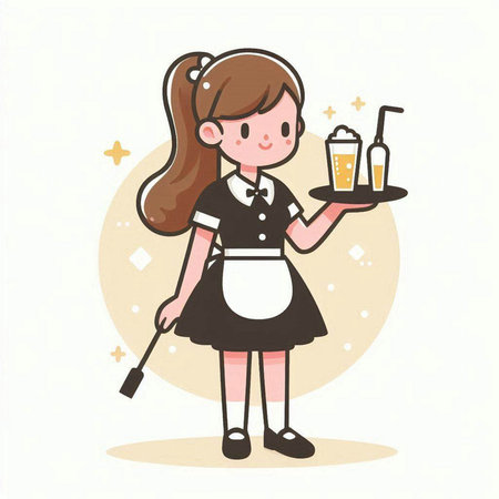 Illustration of a waitress holding a tray with a drink and a staffのイラスト素材