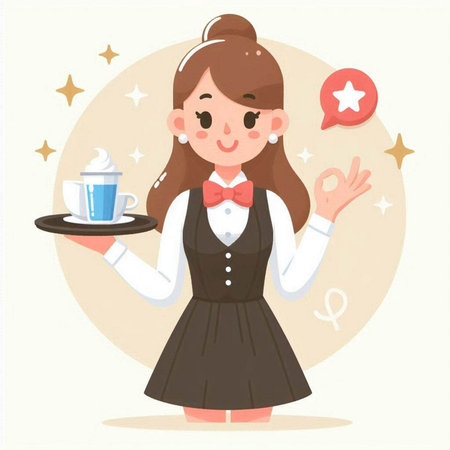 Cute waitress holding a tray with a cup of coffee. Vector illustration.のイラスト素材