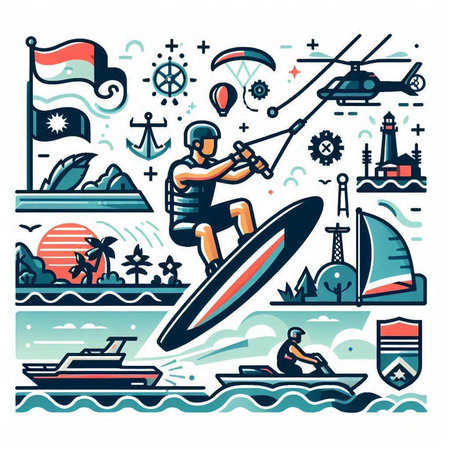 Water sport icons set. Vector illustration in flat linear design style.のイラスト素材