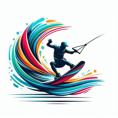 surfer riding a wave on the background of colorful stripes vector illustrationのイラスト素材
