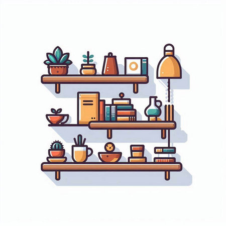 Shelves with books and home plants. Vector illustration in flat styleのイラスト素材