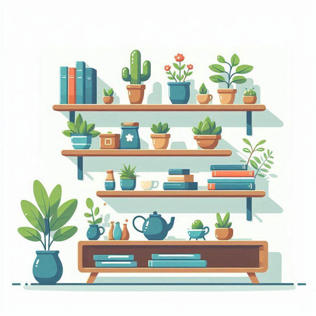 Shelves with plants. Vector illustration in flat cartoon style.のイラスト素材