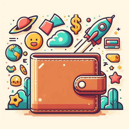 Vector illustration of a wallet with a lot of icons on it.のイラスト素材