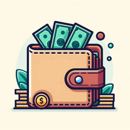 Wallet with money and coins. Vector illustration in a flat style.のイラスト素材