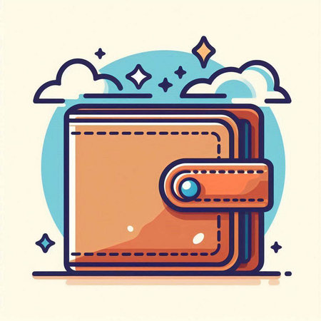 Wallet icon in flat line style with clouds and stars. Vector illustration.のイラスト素材