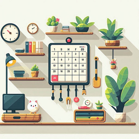 Flat design vector illustration concept of home office workspace with clock, bookshelf, plants, houseplants, furniture and accessories.のイラスト素材