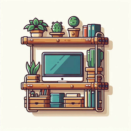 Wooden shelf with computer, books and cacti. Vector illustration.のイラスト素材
