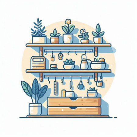 Vector illustration of a shelf with plants in pots on it. Flat style.のイラスト素材