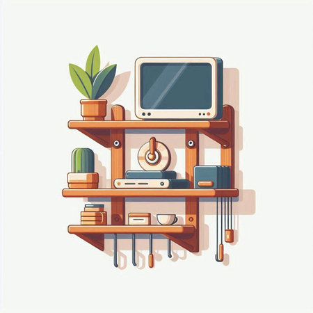 Wooden shelf with computer, books and houseplant. Vector illustration.のイラスト素材