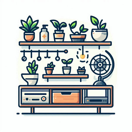 Furniture and plants in pots on the shelves. Vector illustration.のイラスト素材