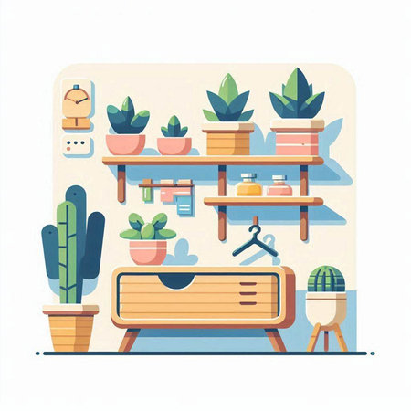 Flat design interior with furniture and plants. Vector illustration in modern style.のイラスト素材