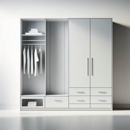 modern white wardrobe with hangers in the room, 3d renderのイラスト素材