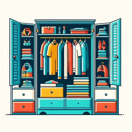 Wardrobe with clothes and accessories. Vector illustration in retro style.のイラスト素材