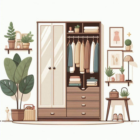 Wooden wardrobe with clothes and accessories. Vector illustration in flat styleのイラスト素材