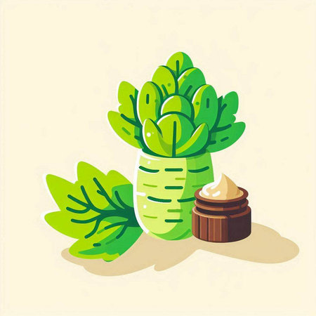 Illustration of a green leaf and a jar of moisturizing creamのイラスト素材