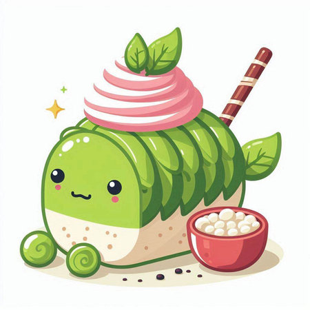Cute kawaii sushi roll with whipped cream. Vector illustration.のイラスト素材