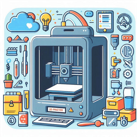Illustration of 3d printer in line art style. Vector illustration.のイラスト素材