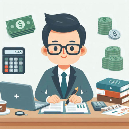Businessman working at office. Vector illustration in flat cartoon style.のイラスト素材