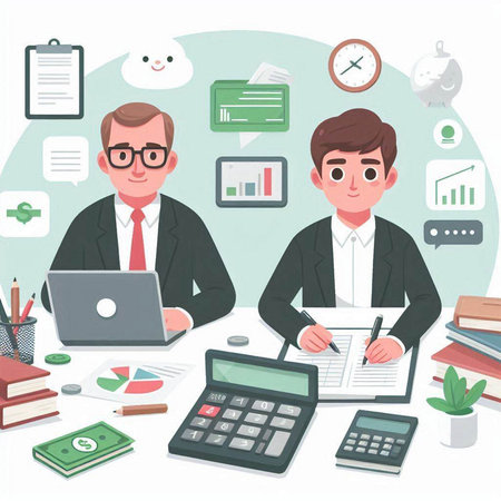 Businessman working at office desk with laptop and documents. Vector illustrationのイラスト素材