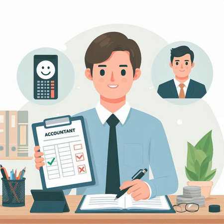 Vector illustration of a man in the office. Businessman is writing in a notebook.のイラスト素材