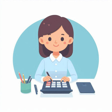 Businesswoman working with calculator and laptop. Vector illustration in cartoon style.のイラスト素材