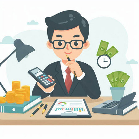Businessman analyzing investment charts with calculator. Vector illustration in cartoon style.のイラスト素材
