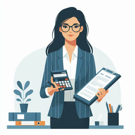 Businesswoman with clipboard and calculator. Vector illustration in flat style.のイラスト素材