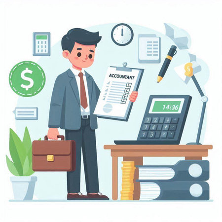 Businessman working at the office. Vector illustration in cartoon style.のイラスト素材
