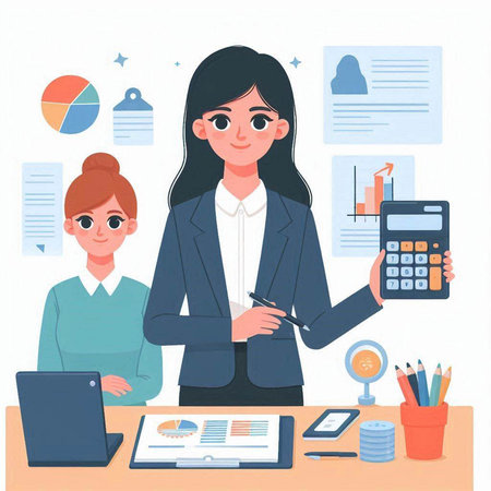 Vector illustration of a businesswoman working in office with documents and charts.のイラスト素材